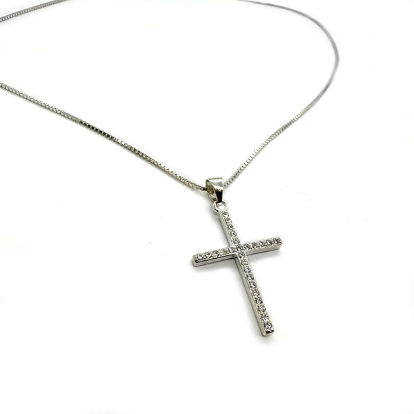 Trendy01 Sterling Silver & CZ Cross Pendant Necklace