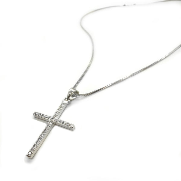 Trendy01 Sterling Silver & CZ Cross Pendant Necklace